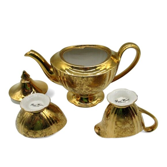 ROYAL WINTON Grimwades Gold Teapot Creamer and Sugar Bowl with Floral Design VTG - Picture 8 of 10